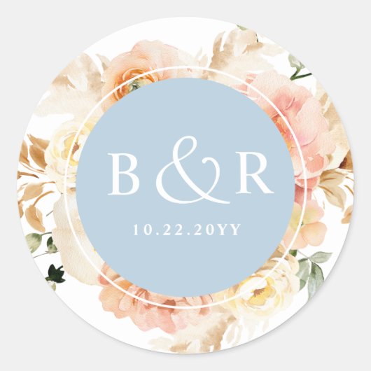 Peach Blush and Blue Wedding Envelope / Favor Ronde Sticker (Voorkant)