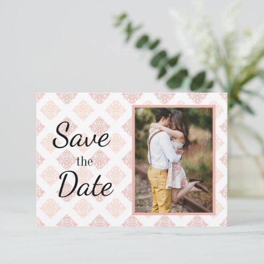 Peach Blush Damask Save The Date (Staand voorkant)