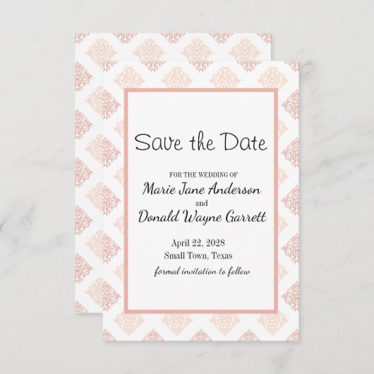 Peach Blush Damask Save The Date (Voorkant / Achterkant)