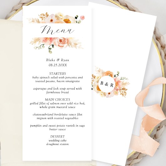 Peach, Blush en Champagne bruiloft Menu w / Monogr