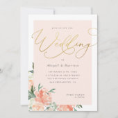 Peach Blush & Gold Script Bloemenbruiloft Kaart (Voorkant)