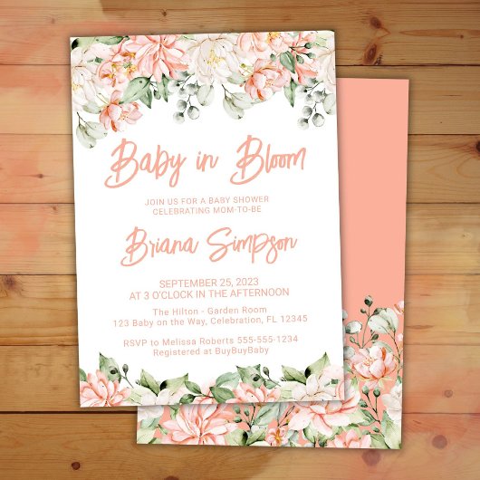 Peach Blush Ivory Baby in Bloom Shower Invitation Kaart