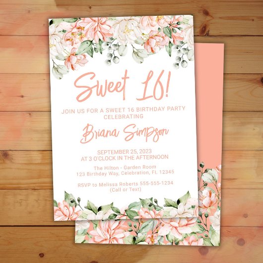 Peach Blush Ivory Floral Sweet 16 verjaardagsfeest Kaart