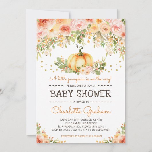 Peach & Blush Pumpkin Baby shower Invitation Chic Kaart (Voorkant)