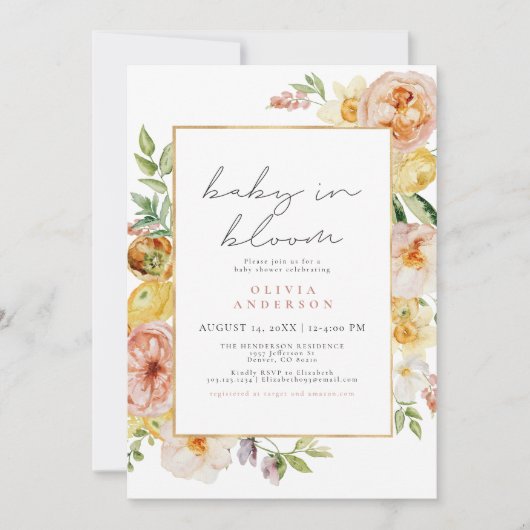 Peach & Blush Wildflower Meisje Baby Borrel Kaart (Voorkant)