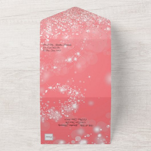 Peach Bokeh en Glitter Quinceañera All In One Uitnodiging (Buitenkant)