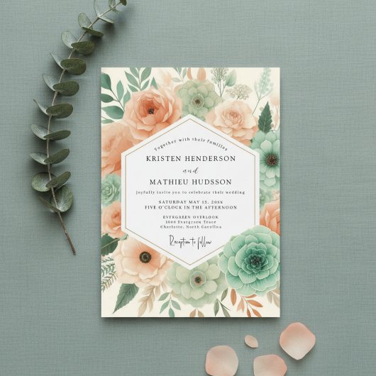 Peach Botanical Flourish Wedding Kaart
