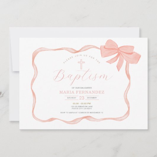 Peach Bow Christening Invitation (Devant)