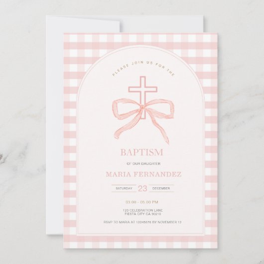 Peach Bow Coquette Christening Invitation (Devant)