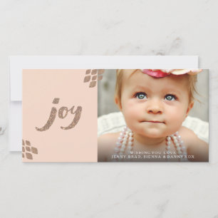 Peach & Bronze Glitter Joy Xmas Fotokaart Feestdagenkaart