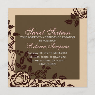 Peach & Brown Roos Sweet 16 verjaardagsuitnodiging Kaart
