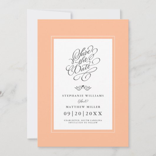 Peach bruiloft kalligrafie moderne printbare digit save the date (Voorkant)