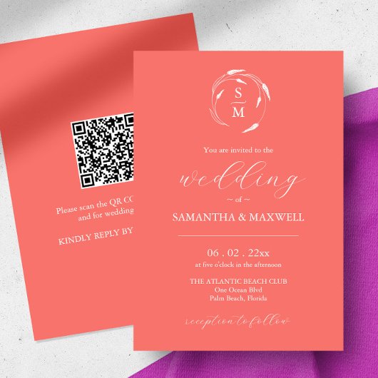 Peach bruiloft uitnodiging met QR-code