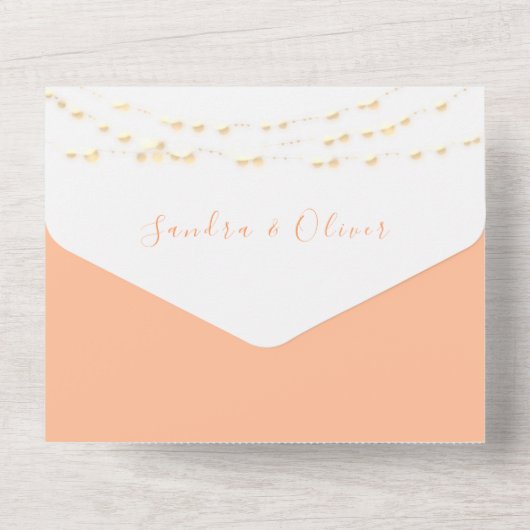 Peach bruiloft uitnodiging met strijklichten (Achterkant)