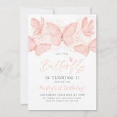 Peach Butterfly 1st Birthday Invitation Baby Girl Kaart (Voorkant)