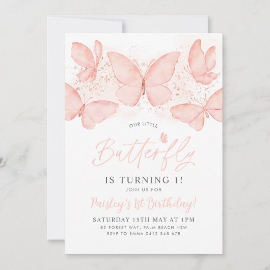 Peach Butterfly 1st Birthday Invitation Baby Girl Kaart (Voorkant)