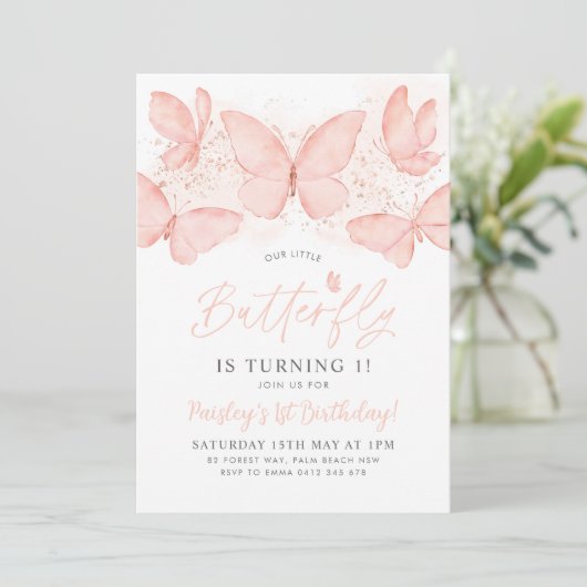 Peach Butterfly 1st Birthday Invitation Baby Girl Kaart (Staand voorkant)