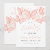 Peach Butterfly 1st Birthday Invitation Baby Girl Kaart (Voorkant / Achterkant)