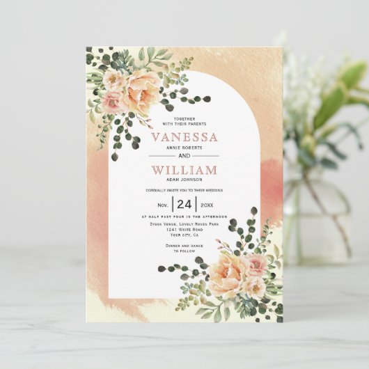 Peach cactus bloemen soft terracotta arch bruiloft kaart (Staand voorkant)