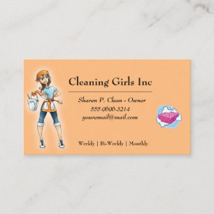 Peach Cartoon Girl House Cleaning Service Visitekaartje