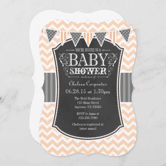 Peach Chalkboard Chevron Baby shower Invitation (Devant / Derrière)