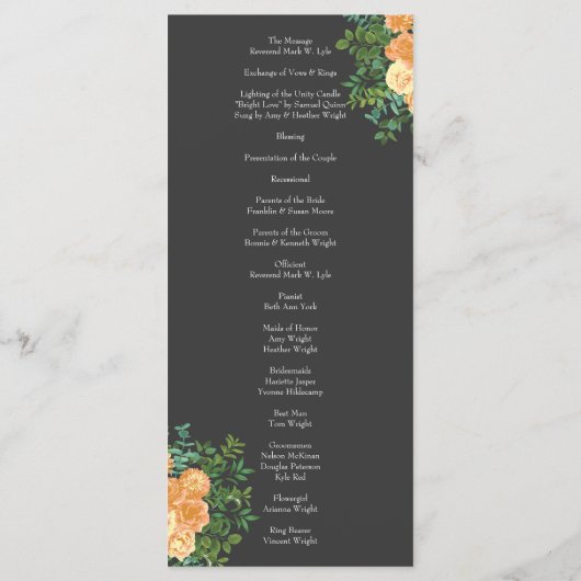 Peach Charcoal Grey Peony Rose Wedding Programmes (Dos)