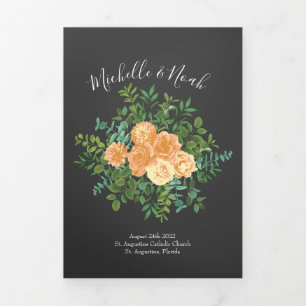 Peach Charcoal Grey Peony Rose Wedding Programmes