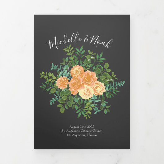 Peach Charcoal Grey Peony Rose Wedding Programmes (Page de couverture)