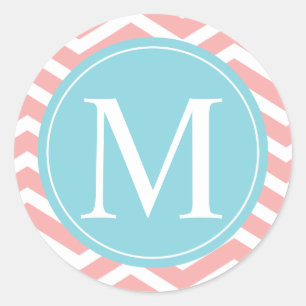 Peach Chevron Blue Monogram Ronde Sticker