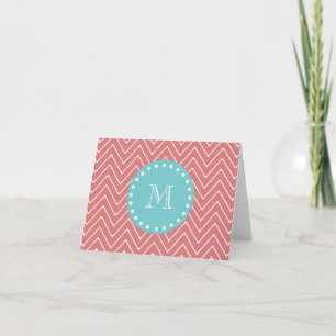 Peach Chevron Pattern   Blauwgroen monogram Notitiekaartje
