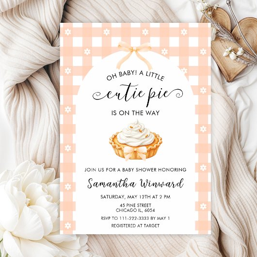 Peach Coquette Cutie Pie Baby Shower Kaart