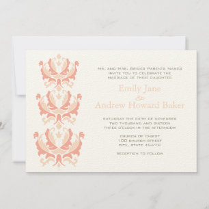 Peach Coral and Mushroom Damask Wedding Invitation Kaart