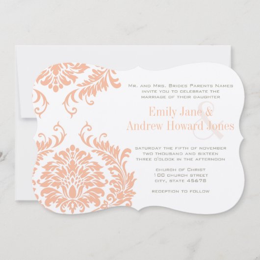 Peach Coral and Mushroom Damask Wedding Invitation Kaart (Voorkant)
