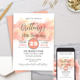 Peach Coral moderne 16th Any Birthday Invitation