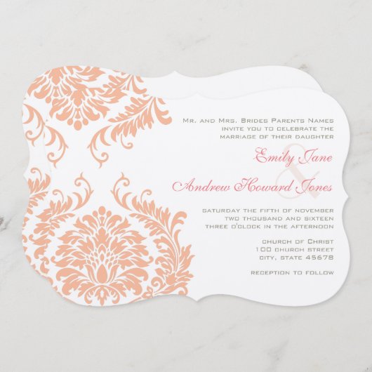 Peach Coral Roos Gold Damask Weddenschap Kaart (Voorkant / Achterkant)