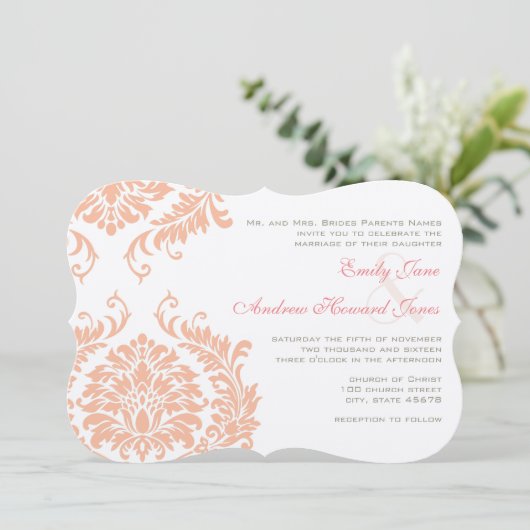 Peach Coral Roos Gold Damask Weddenschap Kaart (Staand voorkant)