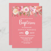Peach Coral rose Aquarelle Baptême Invitation (Devant / Derrière)