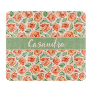 Peach Coral Rose Floral Monogram Name Kitchen  Snijplank