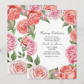 Peach Coral roze Roses Greenery Leaves Wedding Kaart (Voorkant / Achterkant)