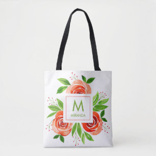 Peach-Coral Rozen Waterverf Monogram gepersonalise Draagtas