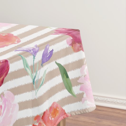 Peach Cream Stripes Waterverf Flowers Tafelkleed (Voorbeeld)