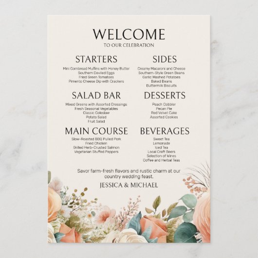 Peach Cream Waterverf Floral Wedding Menu (Voorkant)