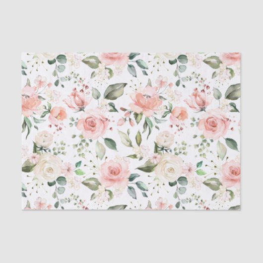 Peach crème rozen, groene bladeren tissuepapier (Voorkant)