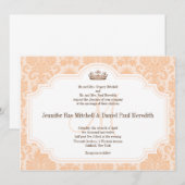 Peach Damask Chocolate Brown Wedding Wording Kaart (Voorkant / Achterkant)