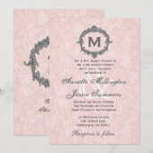 Peach Damask Grey Lijst Monogram Weddenschap Kaart (Voorkant / Achterkant)