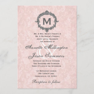 Peach Damask Grey  Lijst Monogram Weddenschap Kaart