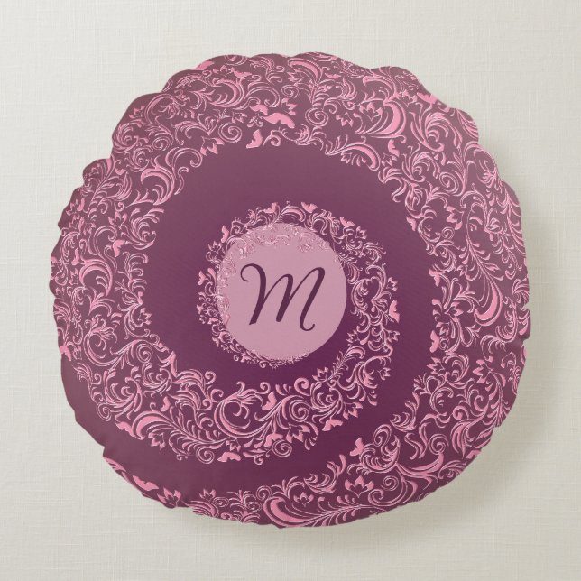 Peach Damask Monogram Rond Kussen (Voorkant)