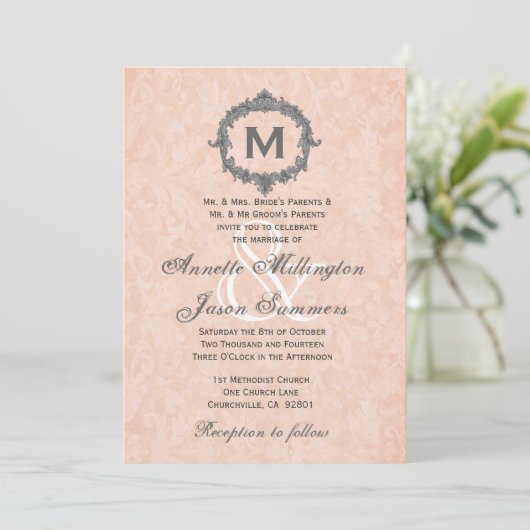 Peach Damask Silver  Monogram Weddenschap Kaart (Staand voorkant)