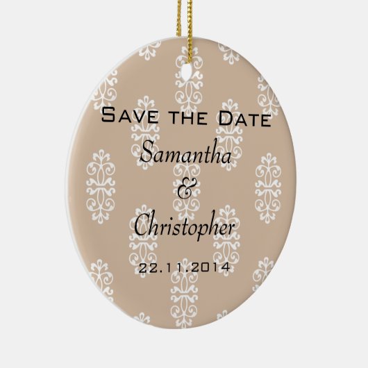 Peach Damask Wedding Save the Date Keramisch Ornament (Rechts)