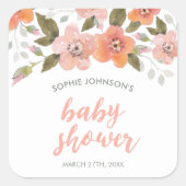 Peach Delicate Floral Baby shower Vierkante Sticker (Voorkant)
